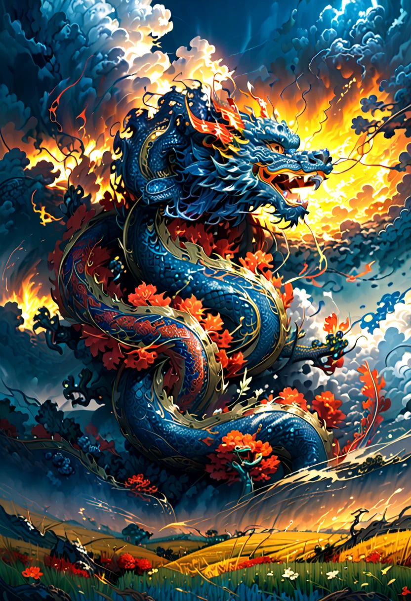 (The main subject: wide wide shot), The flame  dark blue,[Multicolored,(Chinese dragon anthropomorphism)], safe,dramatic clouds,(Go deep into the fields), Rich details​, (Wide sky), (sense of vastness),Energy and vitality, Complicated details.(Best quality, A high resolution, tmasterpiece:1.2), (actual:1.37), HighDynamicRange。