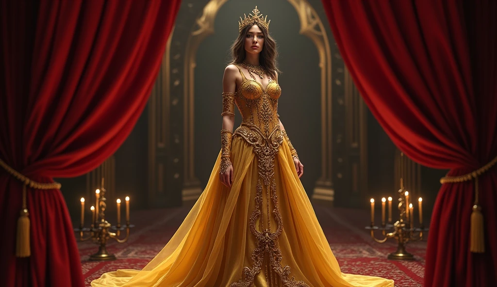 This image captures a scene of regal splendor, featuring a majestic woman who embodies grace and nobility. She stands tall in an opulent setting, her long, dark, wavy hair cascading down her shoulders. The focal point is her breathtaking gown - an intricate masterpiece adorned with sparkling jewels and flowing fabric that drapes elegantly around her figure. Atop her head sits a delicate tiara, crowning her as royalty. Her jewelry is carefully chosen to complement the gown and tiara, enhancing her already commanding presence. The background adds to the royal atmosphere, showcasing a grand staircase and luxurious decor that speaks of wealth and tradition. The woman's pose and expression likely convey a mix of confidence, poise, and serene authority, befitting her regal status. The entire scene is a portrait of timeless elegance and royal sophistication.