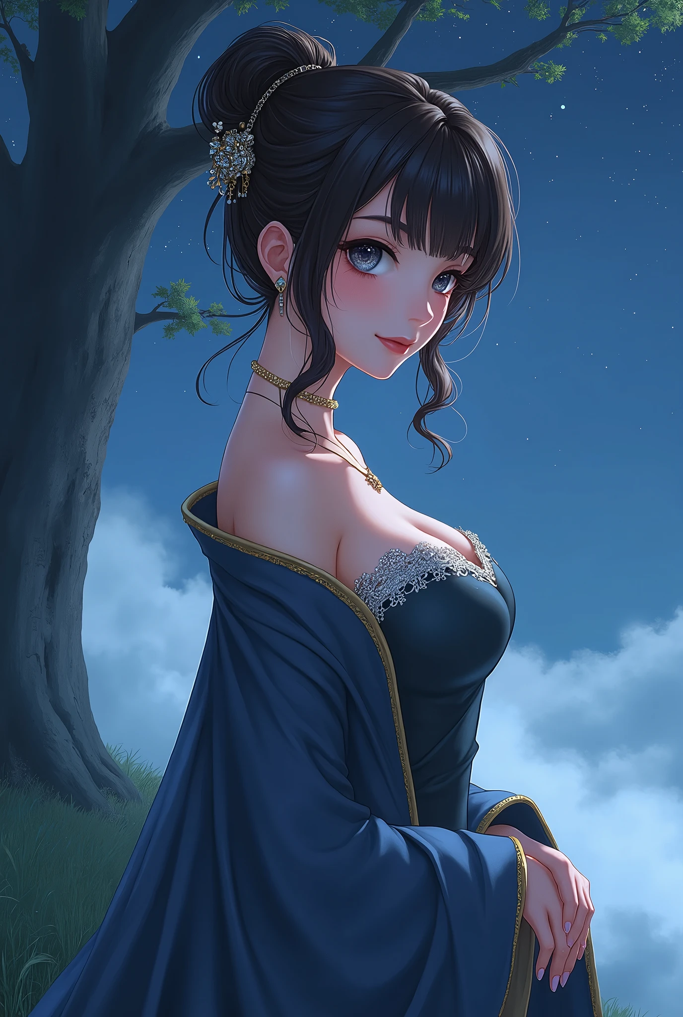 animeの彼女は華麗な美しさの女性, White skin with delicate features , A slightly pulled back angle, Heart shaped face,  Her clear, silver-like eyes ,  Long Black Lashes ,  elegant ,  cherry red lips , smile,  She has a curvy figure with a thin waist and rich breasts,  hairstyle is dark brown straight hair , earrings, necklace, Bejeweled bun, Heart shaped face opening slightly above the armeria-colored robe ,  gold details on the edge , (anime), Night Sky,  starry sky , grassland, Large tree, Thick Fog, 