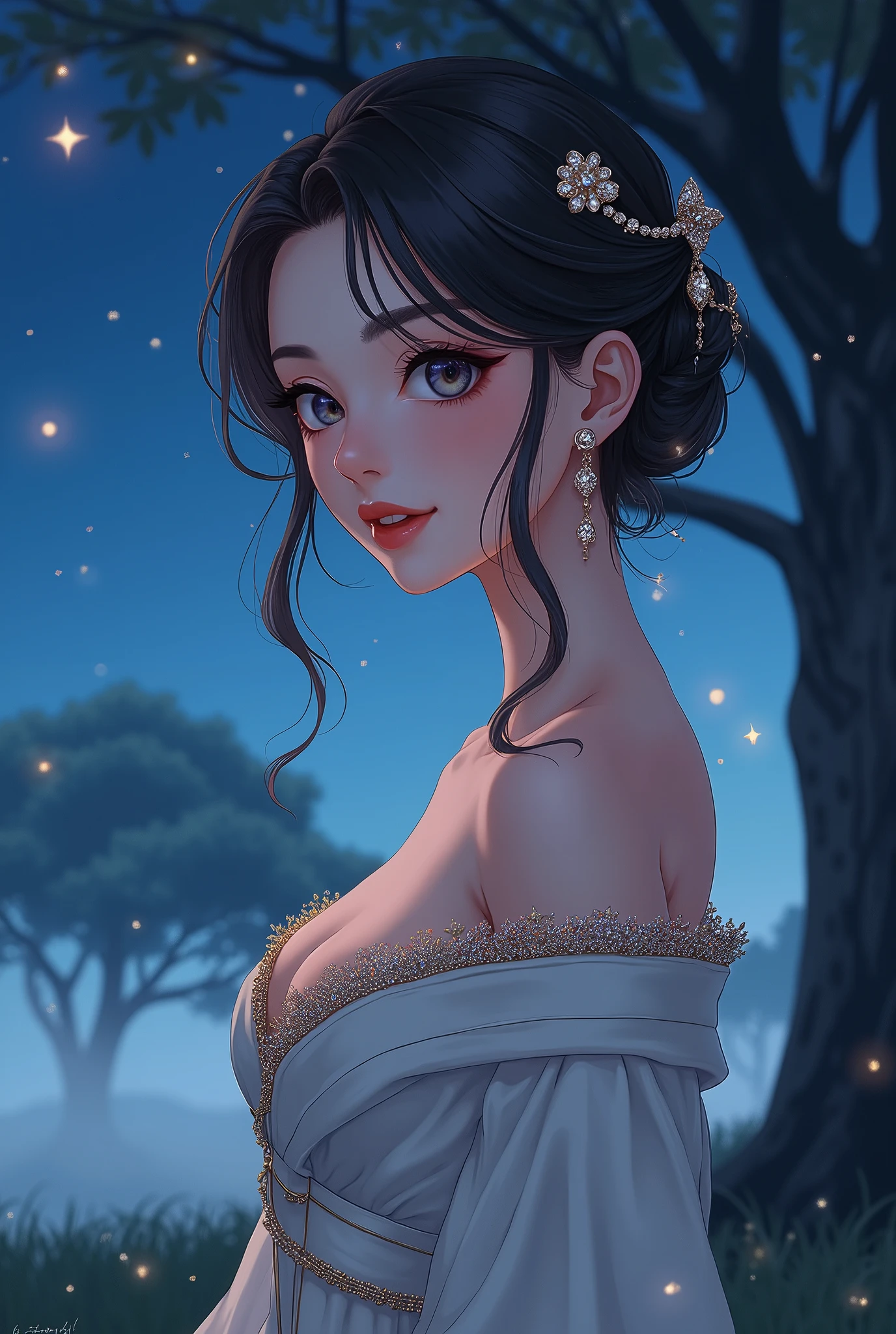 animeの彼女は華麗な美しさの女性, White skin with delicate features , A slightly pulled back angle, Heart shaped face,  Her clear, silver-like eyes ,  Long Black Lashes ,  elegant ,  cherry red lips , smile,  She has a curvy figure with a thin waist and rich breasts,  hairstyle is dark brown straight hair , earrings, necklace, Bejeweled bun, Heart shaped face opening slightly above the armeria-colored robe ,  gold details on the edge , (anime), Night Sky,  starry sky , grassland, Large tree, Thick Fog, 