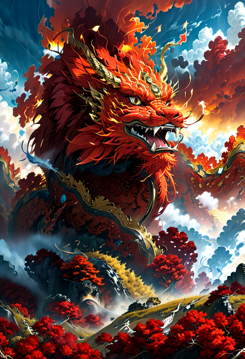 (The main subject: wide wide shot), The flame  dark red,[Multicolored,(Chinese dragon anthropomorphism)], safe,dramatic clouds,(Go deep into the fields), Rich details​, (Wide sky), (sense of vastness),Energy and vitality, Complicated details.(Best quality, A high resolution, tmasterpiece:1.2), (actual:1.37), HighDynamicRange。