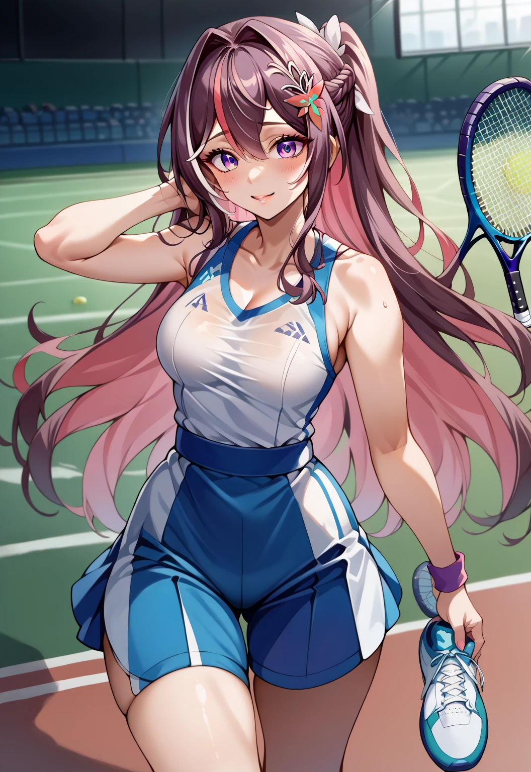 score_9, score_8_up, score_7_up, source_anime,4K,perfect fingers,(perfect hands, perfect anatomy),
1girl,Azki, multicolored hair, long hair, french braid, hair ornament, 
wearing ((HotTraining, Tennis Sportwear)),
model-like style、Glamorous body、Detailed expression of the waist curve、Cuteness like an idol、The woman is seducing us with her sexiness,