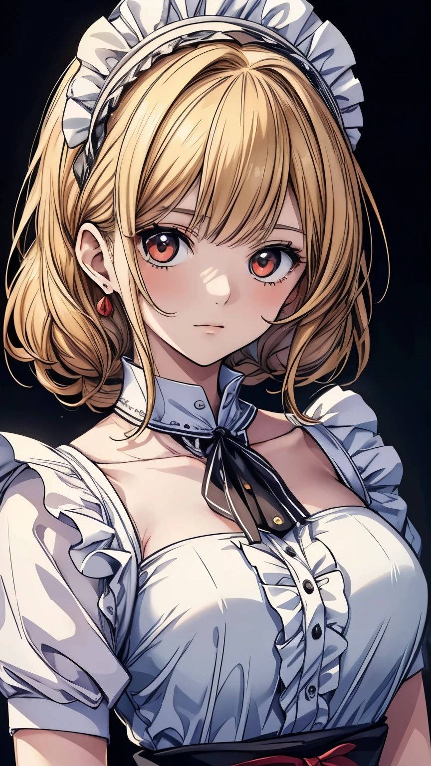 ((top quality)),( super high res),( super detailed face),( Detailed explanation ),(( Best Anime )),( Best Artwork ), sharp,  Ultra Precision Art, The wonderful art of depiction,The beauty of intricate and detailed details:1.3, ((woman:1.5)), Clear and bright eyes,  very detailed,  High Quality , masterpiece,  beautiful, Alone,  1 girl, Nevin ,  red eyes,  Maid, Maid headdress, Maid apron, 