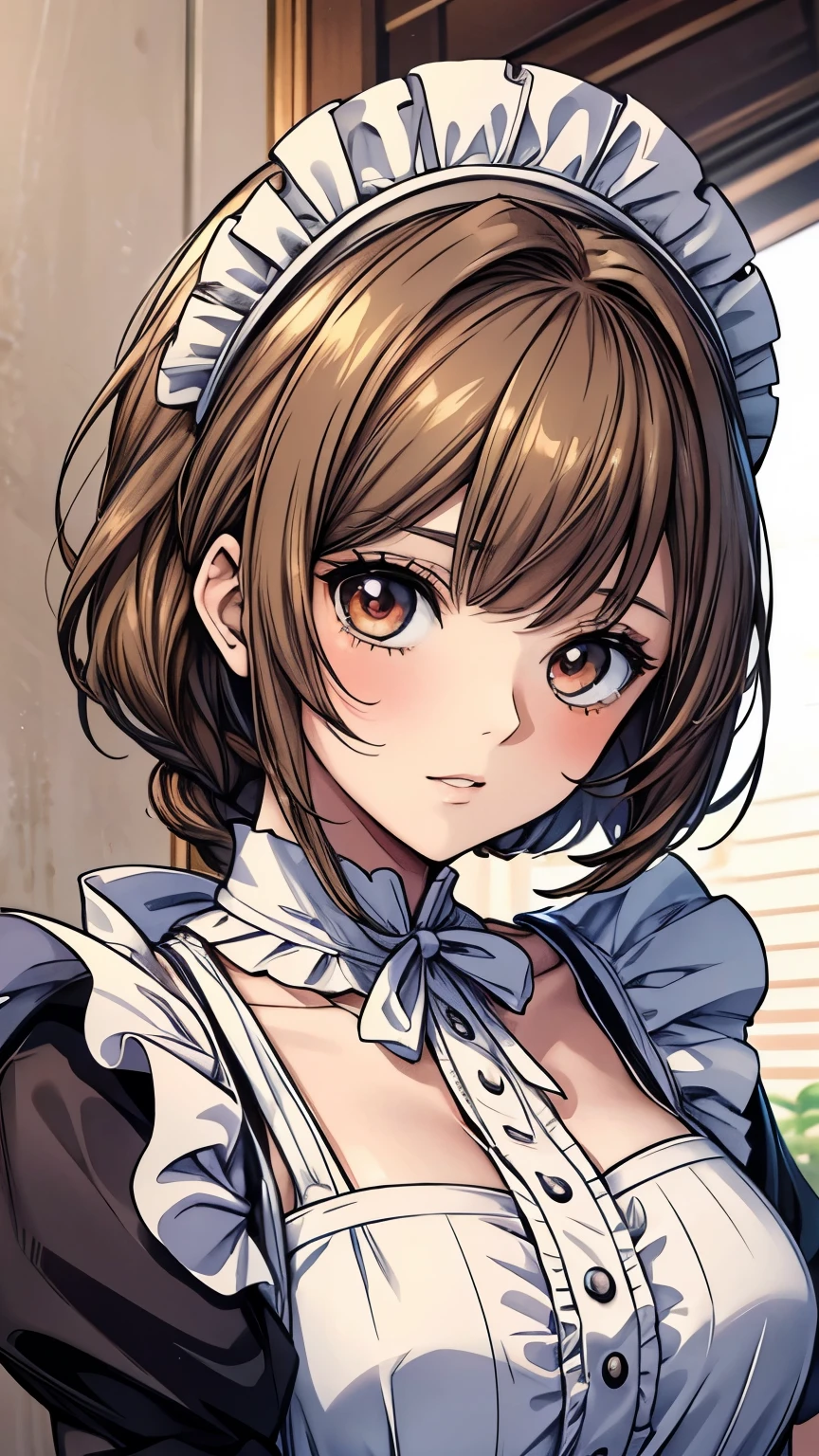 ((top quality)),( super high res),( super detailed face),( Detailed explanation ),(( Best Anime )),( Best Artwork ), sharp,  Ultra Precision Art, The wonderful art of depiction,The beauty of intricate and detailed details:1.3, ((woman:1.5)), Clear and bright eyes,  very detailed,  High Quality , masterpiece,  beautiful, Alone,  1 girl, Nevin ,  red eyes,  Maid, Maid headdress, Maid apron, 