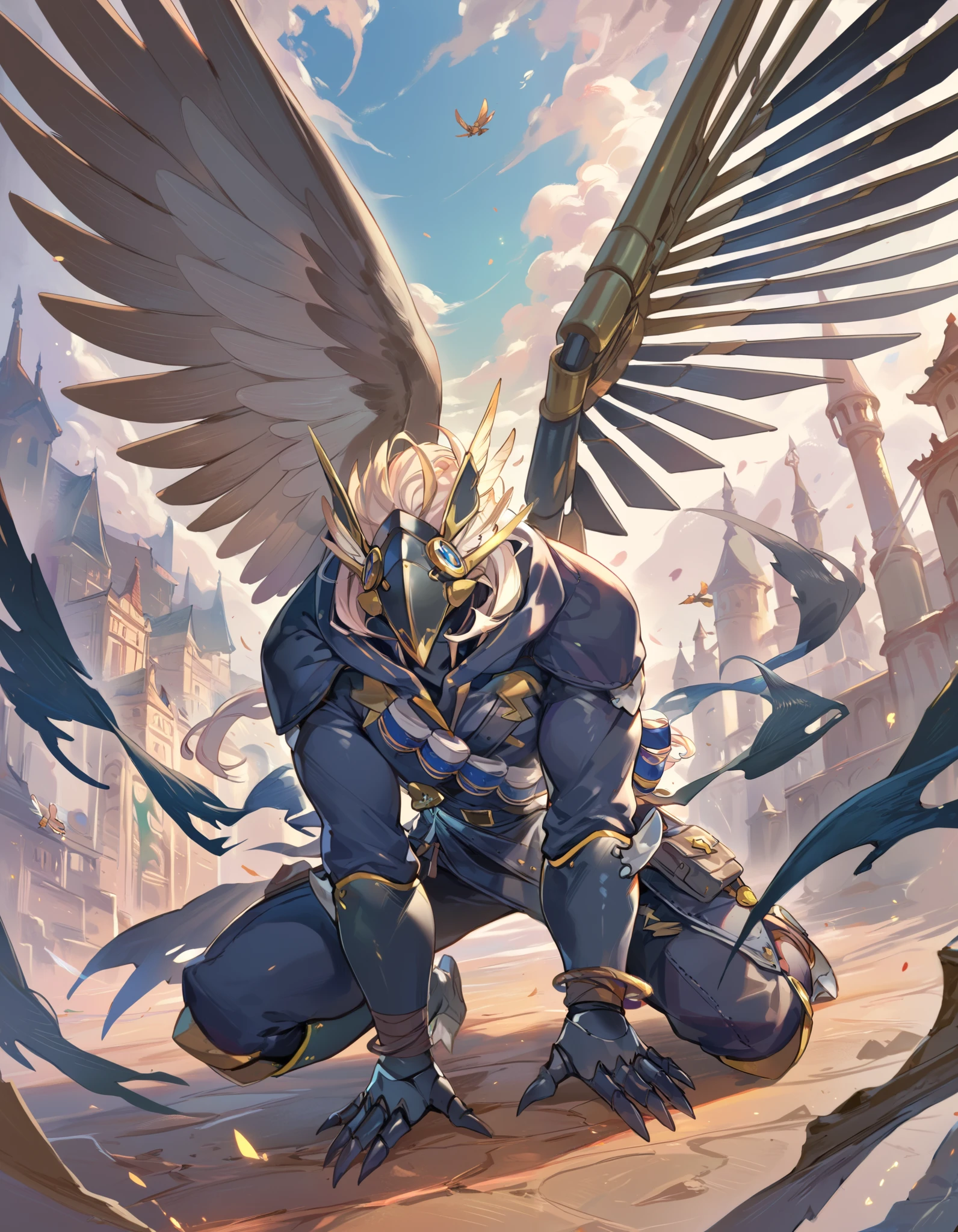 Top Quality Masterpiece High Resolution Tribe Brigate Shrig Male Beige Hair Black Mask One Wing Black Armor Solo One Knee Giant Wings All Back Mechanical Wings