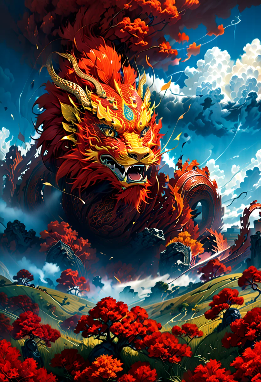 (The main subject: wide wide shot), The flame  dark red,[Multicolored,(Chinese dragon anthropomorphism)], safe,dramatic clouds,(Go deep into the fields), Rich details​, (Wide sky), (sense of vastness),Energy and vitality, Complicated details.(Best quality, A high resolution, tmasterpiece:1.2), (actual:1.37), HighDynamicRange。