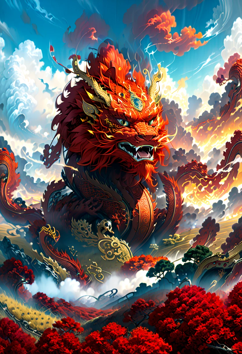 (The main subject: wide wide shot), The flame  dark red,[Multicolored,(Chinese dragon anthropomorphism)], safe,dramatic clouds,(Go deep into the fields), Rich details​, (Wide sky), (sense of vastness),Energy and vitality, Complicated details.(Best quality, A high resolution, tmasterpiece:1.2), (actual:1.37), HighDynamicRange。