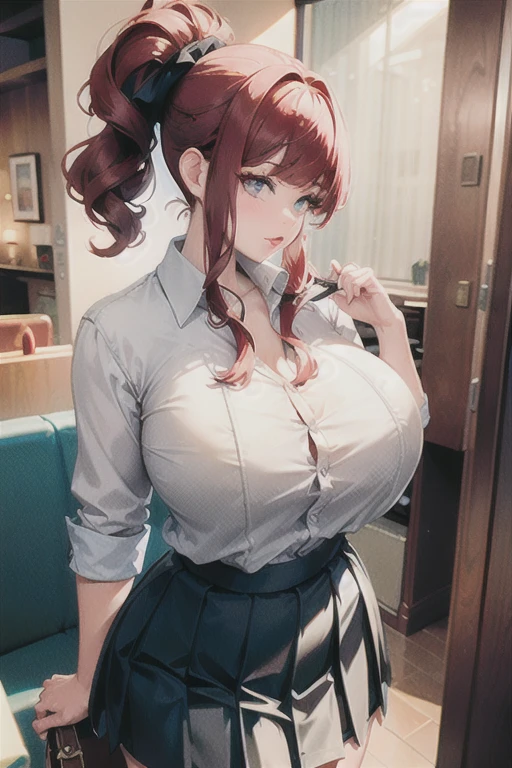 (best quality), (masterpiece), 1 girl, early 20's, huge heavy breasts, thick, thick lips, wide hips, thin waist, bra peak, can see bra through shirt, button up blouse, loose buttons, pleated skirt, ponytail, curly red hair