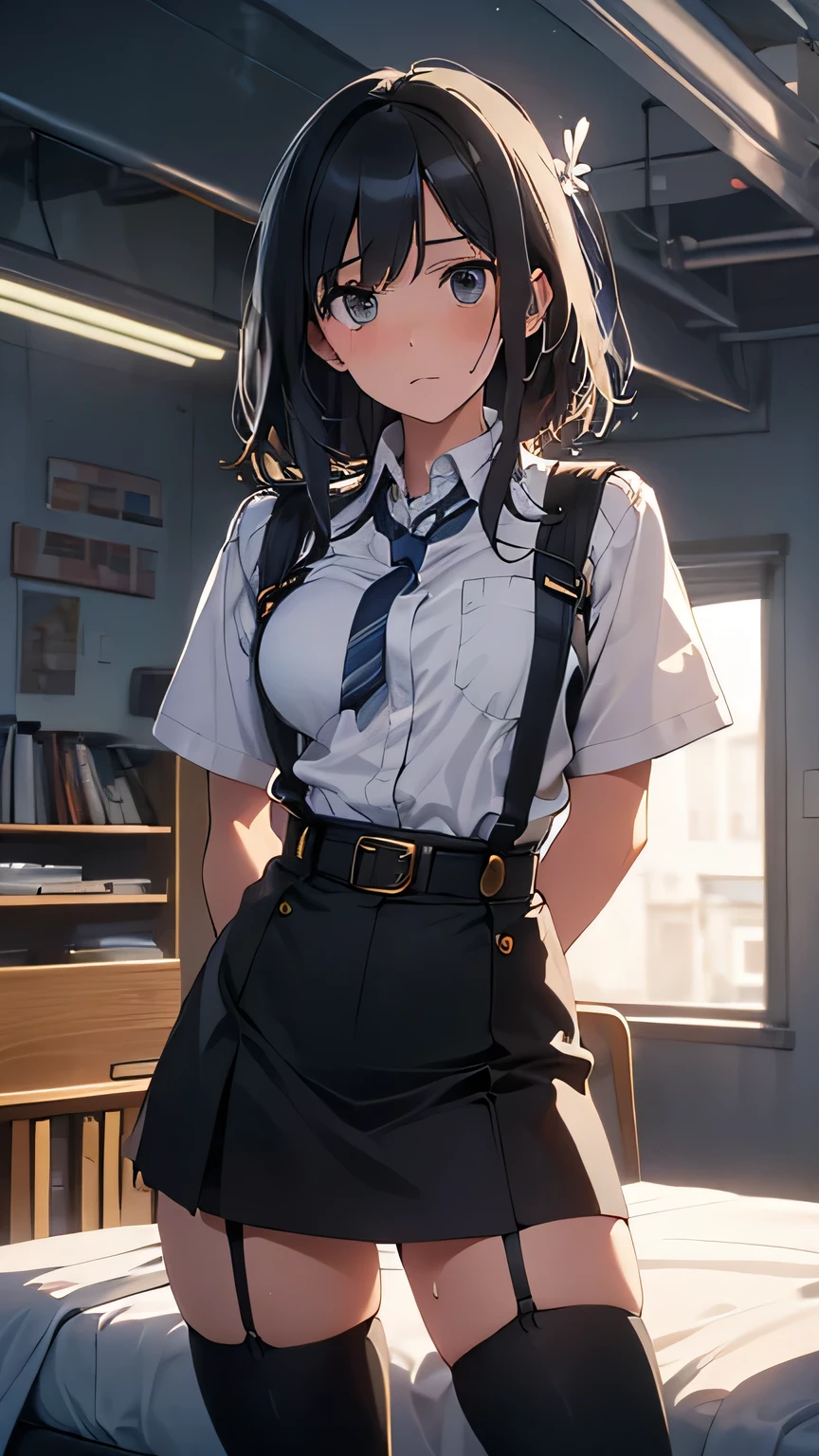  High Quality , masterpiece,  super high res, ( realism : 1.4),  oil painting style ,  movie lighting, ,  I stood on an empty asphalt road and watched it.., and、flying crane suspenders 　　 Big Breasts　 　 　　　　 small face 　 　　　　　　　　　　  lying on a bed 　 looks up　　　　sweat 　　　belt　buzzer　脇sweat 　 black hole gloves 　suit　　　　  miniskirt　garterbelt　Foot Link　ズボンのbelt　　　 　　 fold your hands on your back　  uneasy expression　 looks up　 uneasy expression　Knee-length　 knee socks　Knee-length socks garter belt　garter　Garterbelt on thighs,  fold your hands on your back　　restrict　handcuffs　Cable ties　Cable ties on thumbs
