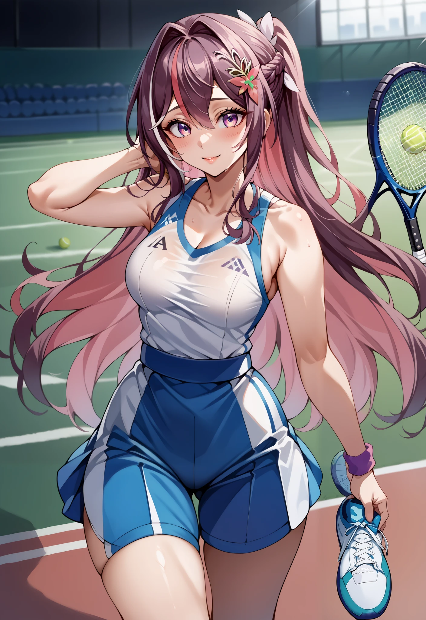 score_9, score_8_up, score_7_up, source_anime,4K,perfect fingers,(perfect hands, perfect anatomy),
1girl,Azki, multicolored hair, long hair, french braid, hair ornament, 
wearing ((HotTraining, Tennis Sportwear)),
model-like style、Glamorous body、Detailed expression of the waist curve、Cuteness like an idol、The woman is seducing us with her sexiness,