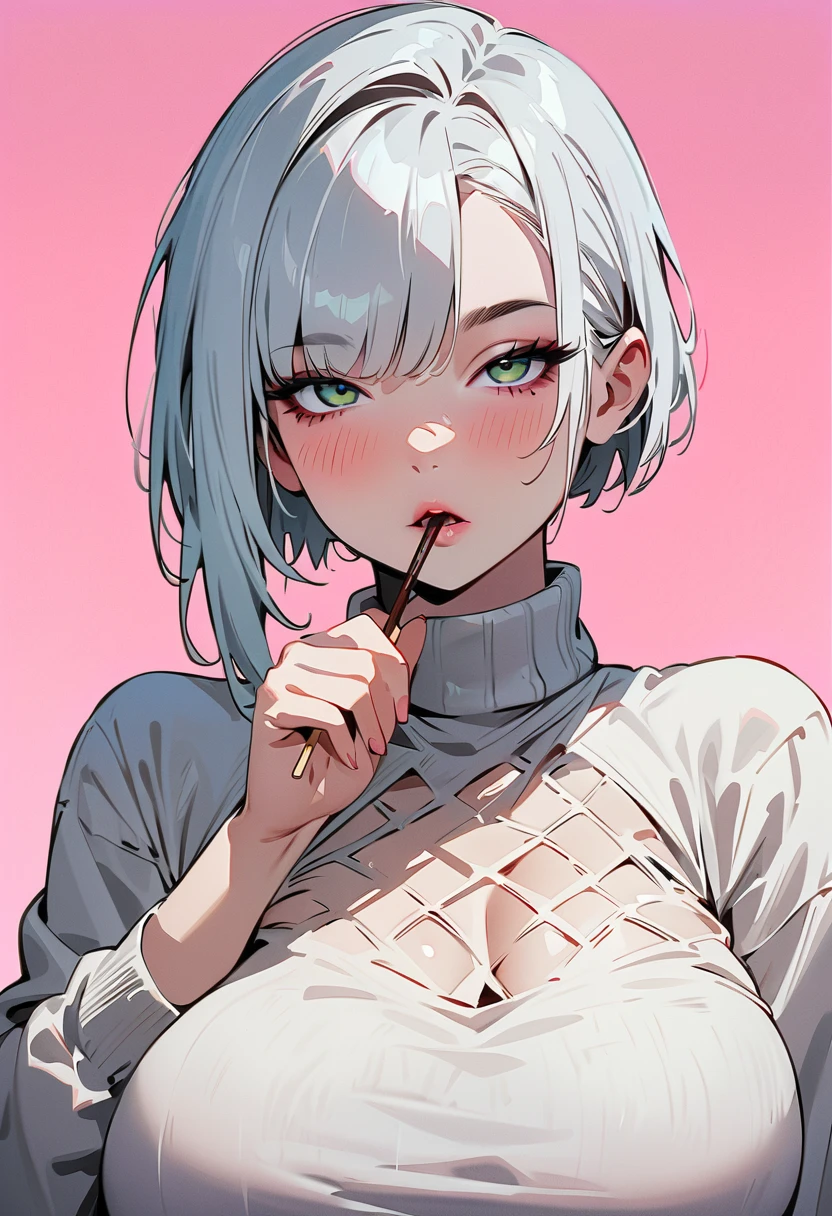 (masterpiece, best quality:1.4), 1 girl, solo, Anime style, Gray pupil, Blurred eyes, Pocky in hand, Pink lower lip, Cyberpunk style makeup, Short silver asymmetrical hair, Asymmetrical short hairstyle, Long bangs on one side, Color highlights, Huge breasts, Black openwork sweater, Pink background.