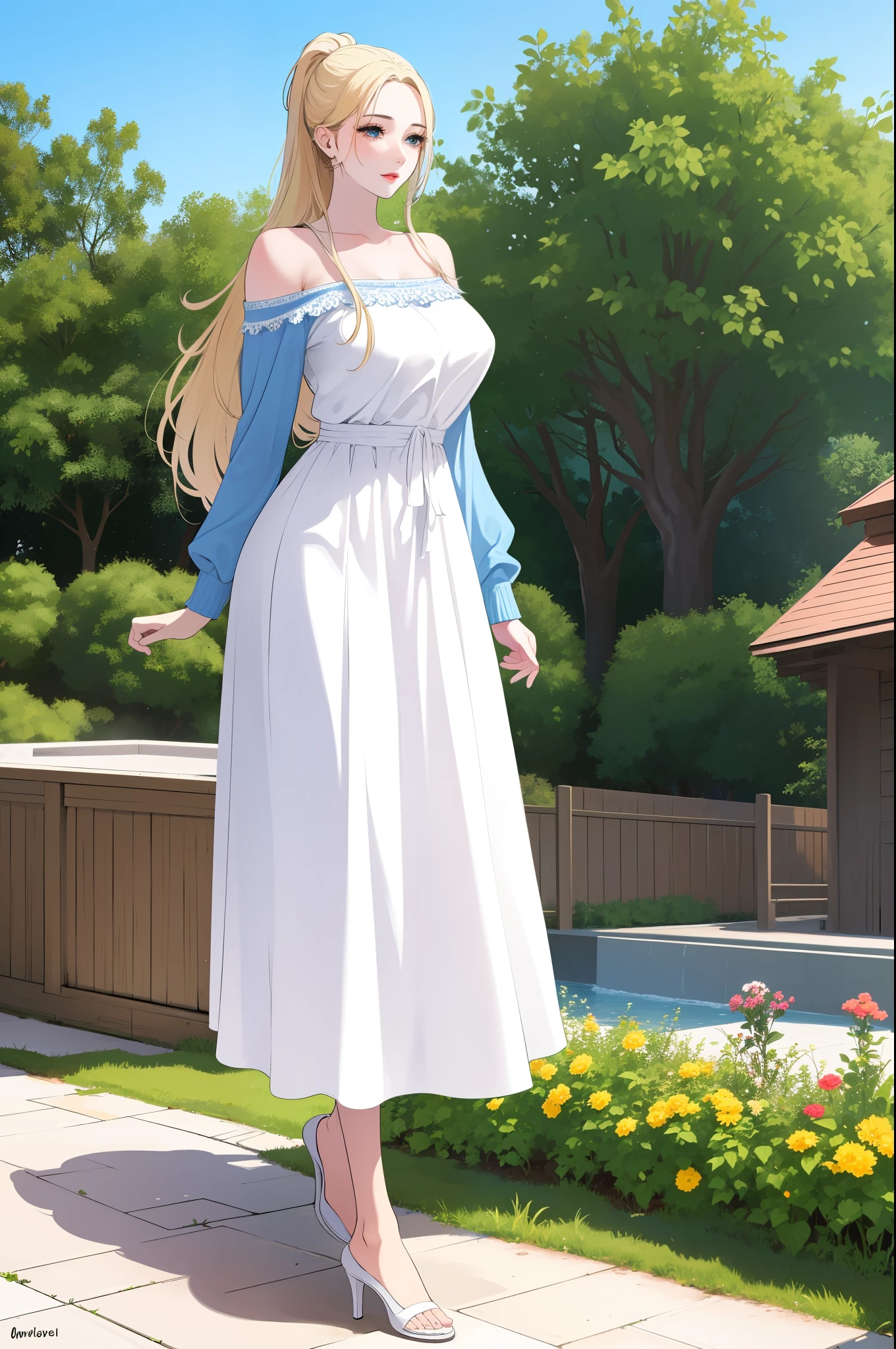 An extremely gorgeous stunning beautiful feminine mother with long blonde hair tied with a white ribbon, extremely fair white skin, big green-blue hazel eyes, plump red glossy lips, a plain simple smile, a plain thin slim normal body, tender arms, wearing a simple long floor-length modest sky blue floral dress and a cardigan worn in an off-shoulder style hanging on her elbows, flat heels, standing straight, garden in the background, show full drawing from head to feet.