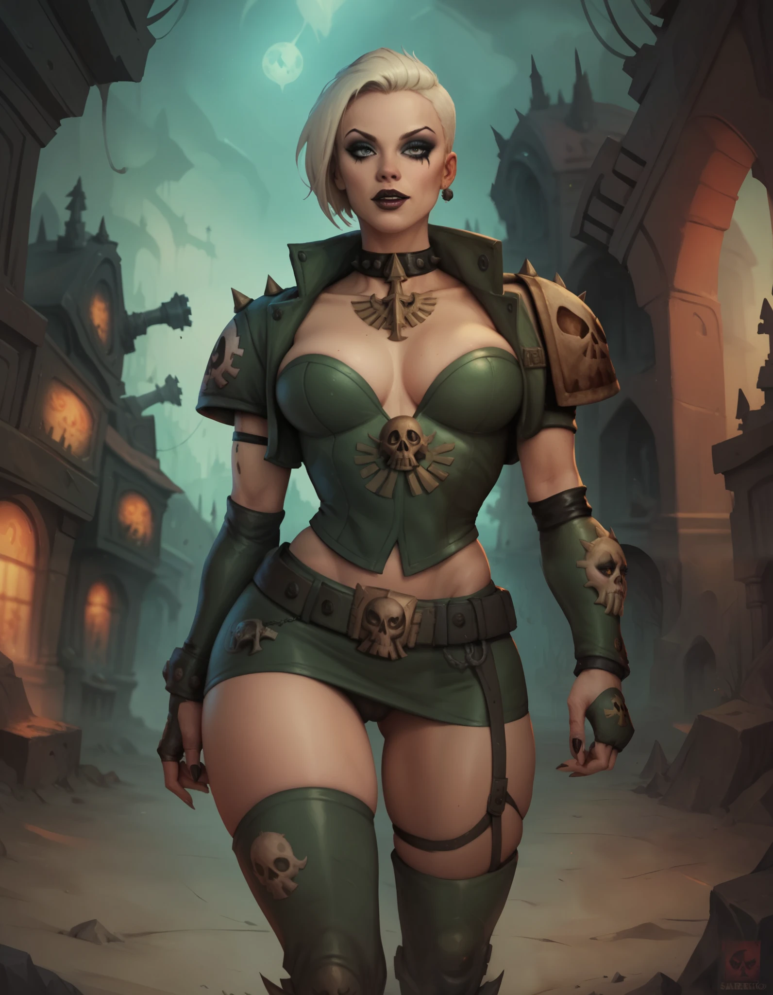 warhammer 40k, hive city, servo-skulls. human woman, makeup, wide belt, (thigh high pumped stripper stiletto boots), walking