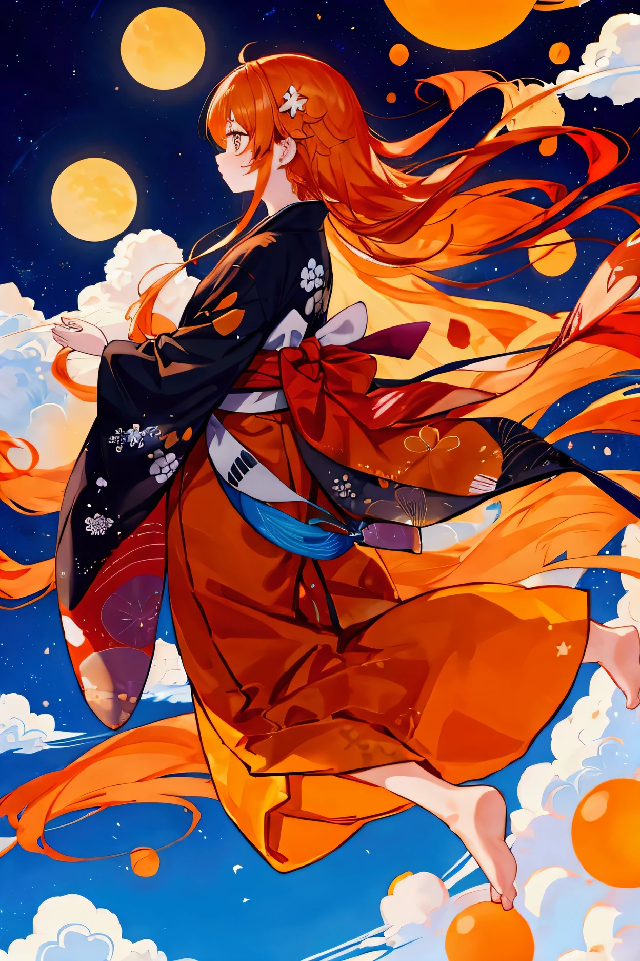  orange hair、adult、yukata、whole body、 long hair、 flying 