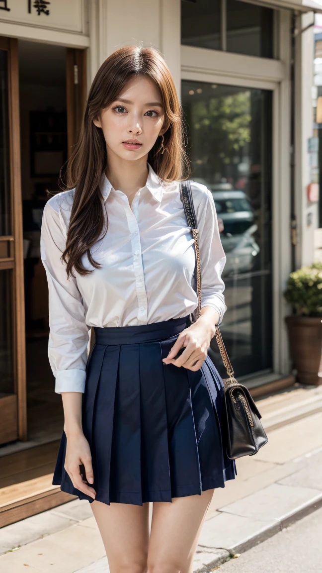 a beautiful 18 year old Japanese high school girl with perfect anatomy, healthy thighs, beautiful legs, beautiful skin, random hair color and style, large breasts, (wearing a Japanese schoolgirl uniform:1.3), (she is standing:1.2), penny loafers, holding a student bag, full body shot, standing on a city street, (best quality,4k,8k,highres,masterpiece:1.3),(extremely detailed:1.2),photorealistic,ultra-detailed,vivid colors, studio lighting, professional, Keiko Kitagawa