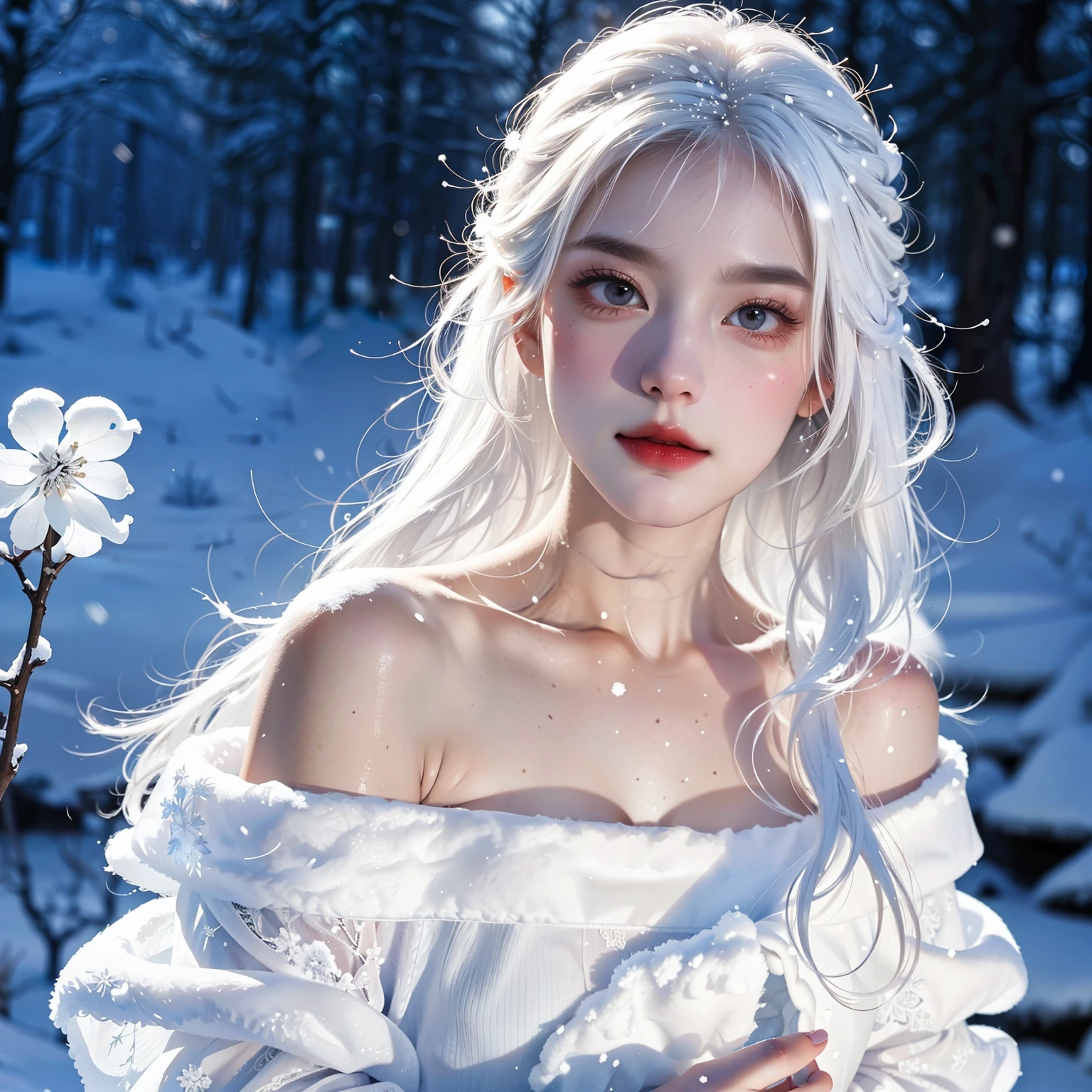 1girll,(Snow,Ice), snowflower, In winter, White hair, Shiny hair, Wavy hair, Transparent clothes, frilld, Lace, Wet clothes, Off_Shoulder, hair scrunchie,Masterpiece, Telephoto lens, absurderes, Exquisite facial features