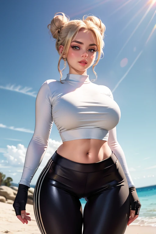 (best quality), (masterpiece), 1 girl, early 20's, huge heavy breasts, thick, thick lips, wide hips, thin waist, bra peak, long sleeved crop top, bra visible through shirt, yoga pants, blonde hair, hair in bun