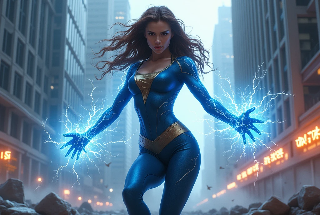 Kate Beckinsale in blue Spider-Man costume, photo of sassy woman with angry look, large breasts, superhero pose, standing in ruined city at sunset, hyper-detailed, (8k), realistic, symmetrical, award-winning, cinematic lightning, soaked, film, 75mm, scratches, full body shot, close-up, torn and dirty clothes, detailed face, --auto