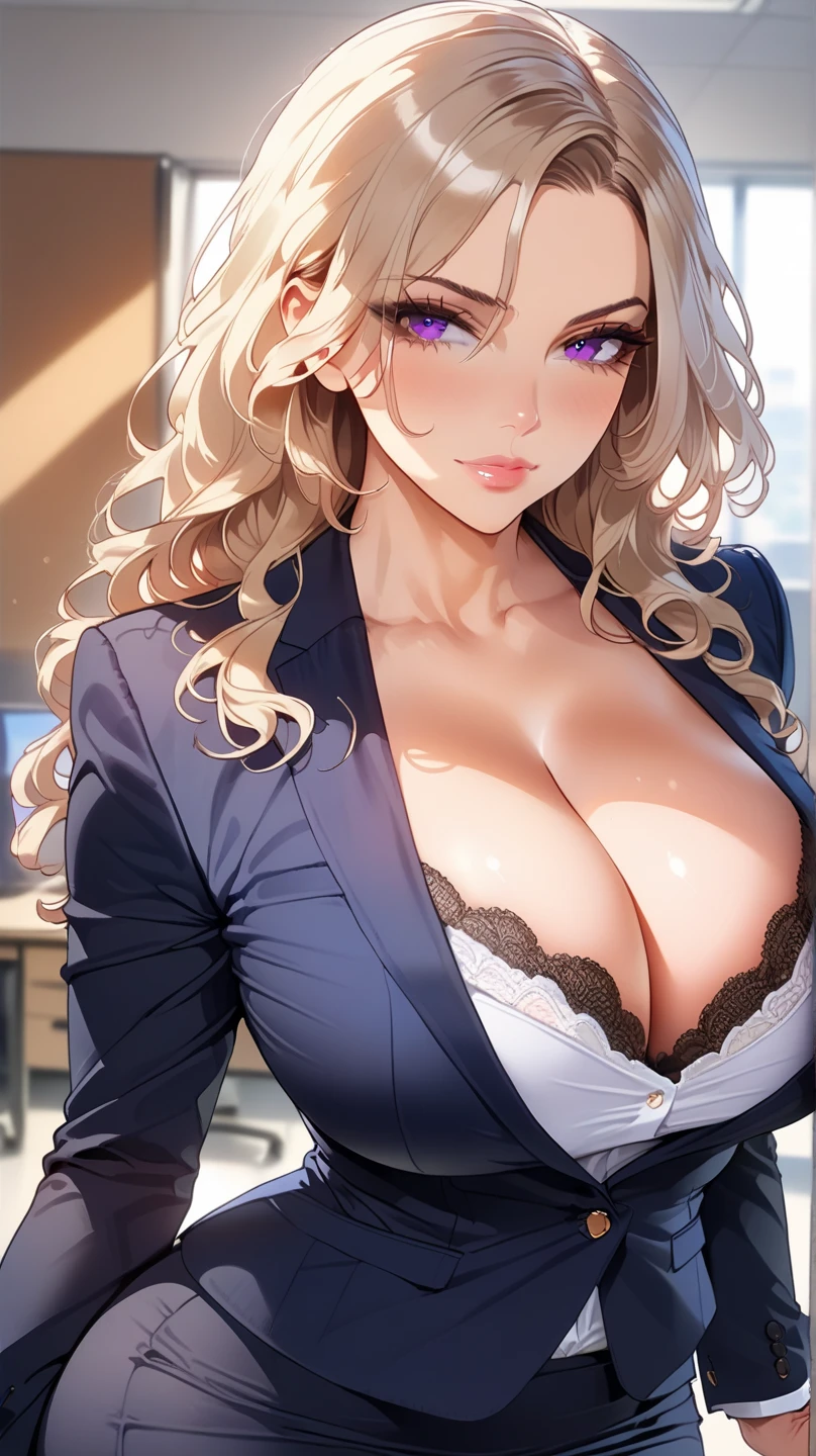 ((best quality)), ((masterpiece)), (detailed), (4k digital art), (attractive mature woman:1.3), teacher, tailored blazer, lace trimed bra, tight skirt, cleavage, teacher office, voluptous and curvaceous figure, wavy hair, detailed face, detailed fashionable eyes, shiny skin, sensual, sultry face, dynamic angle