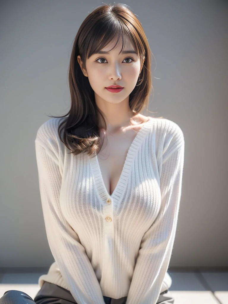 High resolution, masterpiece, Irritated skin, Very detailed, Photorealistic, Professional Lighting, Written boundary depth, sharp, (Gray background), (Front view：1.2),(Japanese Mature, 38 year old women are sexy:1.0), Detailed face, Beautiful Eyes, bangs, Shapely large breasts, Light brown straight hair, Faint lips, (Catch Eye:1.3),((Stand in front、Look at the audience, Serious face eyes,)), (Ultra-thin sweater:1.2), theta, Full body photo, Cowboy Shot、 Big Breasts 、Nipples、 facing forward、Red lipstick、(( I'm crying)), wide open chest 、 cute woman sitting、smile