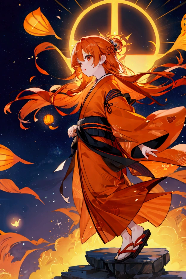  orange hair、adult、yukata、whole body、 long hair、 flying 