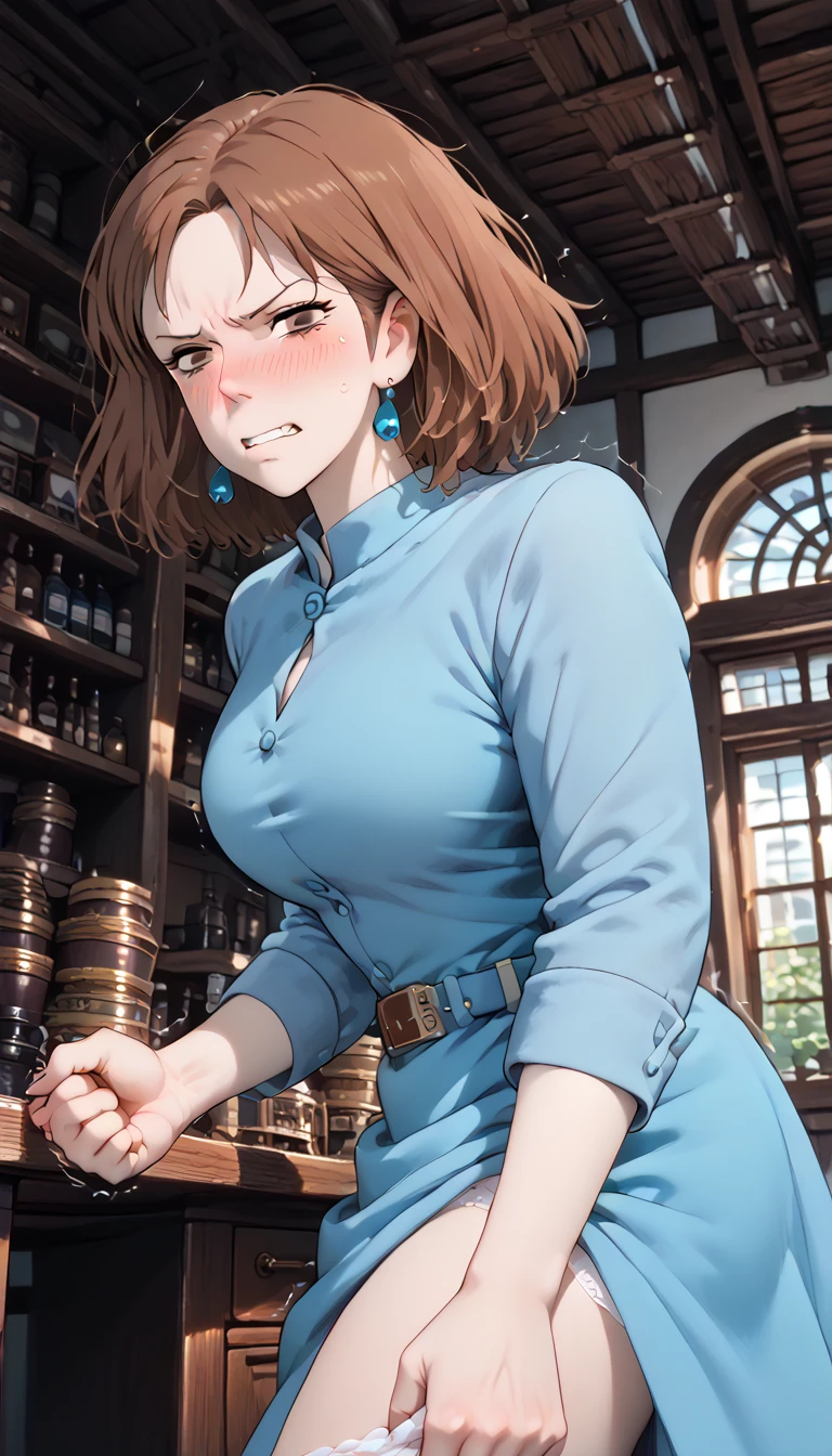 ghibli style  source_ anime anime_ coloring (Nausicaa,1girl,brown hair,　medium hair,　brown eyes, breasts, Nausicaa,1girl,brown hair,　medium hair,　brown eyes, breasts, earrings, blue dress, chest bullet holder, long_ sleeves, belt, Big Breasts)　 4K Masterpiece Top Quality High Definition:  super resolution super detailed, (standing:1.5)(inner thigh:1.6) (cowboy shot:1.5 ) throw　(from side:1.5) (dress pull:1.3) (leaning forward:1.5) (white panties:1.3)(looking at viewer:1.5)(worm view:1.5)　(no pupils:1.3)(narrowed eyes:1.7) (withdrawn face:1.5) (clenched teeth:1.3) (wavy mouth:1.2) (disgust:1.2) (troubled eyebrows:1.0) (1girl) ,nose blush (embarrassed,blush:1.5) (trembling:1.0) (feeling weak:1.3) (Pull Down Clothes:1.5) (pulled by self:1.5)