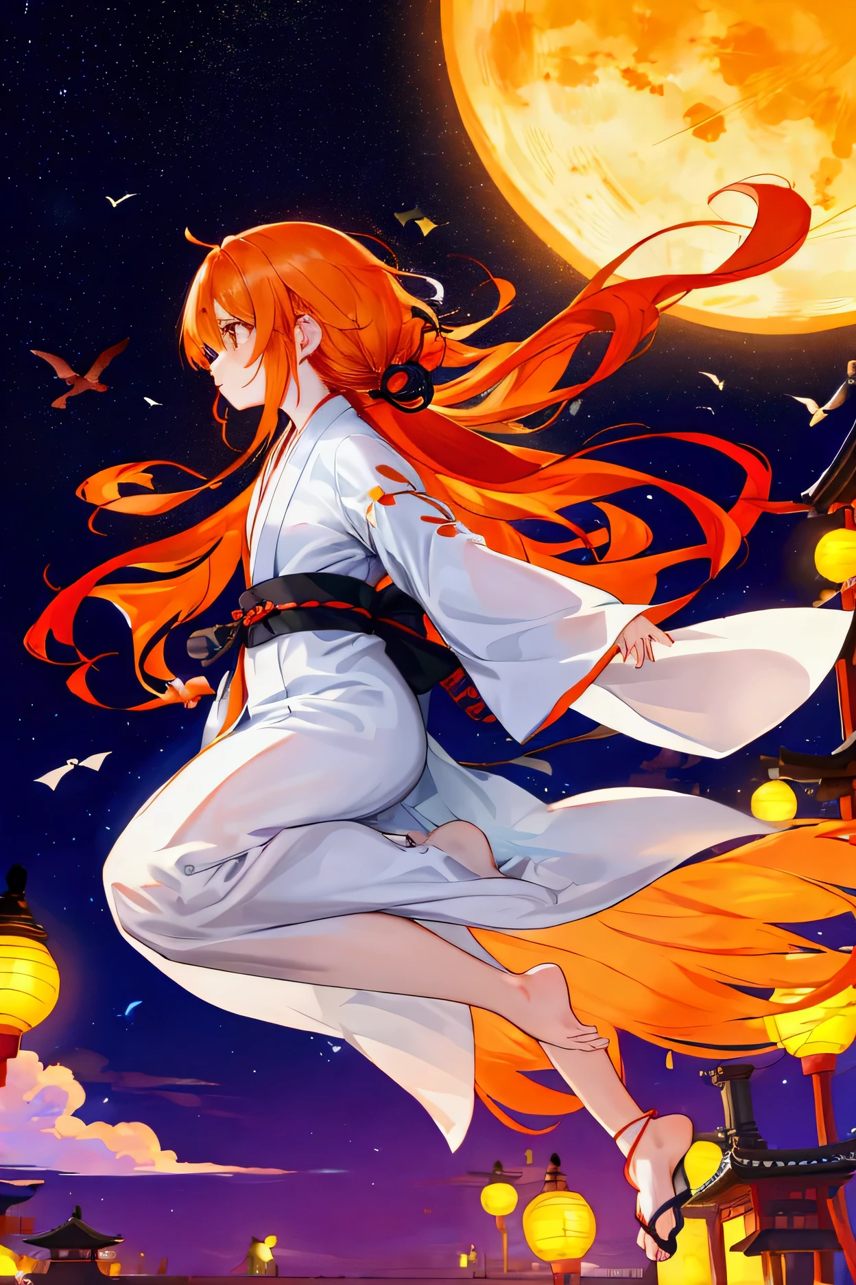  orange hair、adult、yukata、whole body、 long hair、 flying 