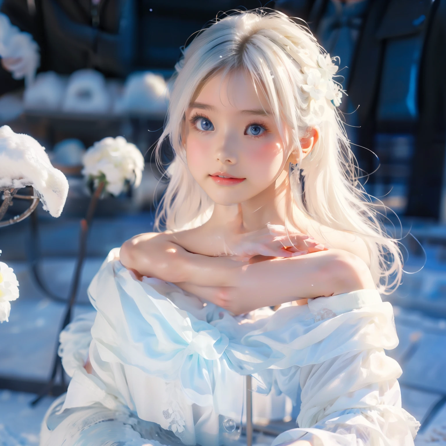 1girll,(Snow,Ice), snowflower, In winter, White hair, Shiny hair, Wavy hair, Transparent clothes, frilld, Lace, Wet clothes, Off_Shoulder, hair scrunchie,Masterpiece, Telephoto lens, absurderes, Exquisite facial features