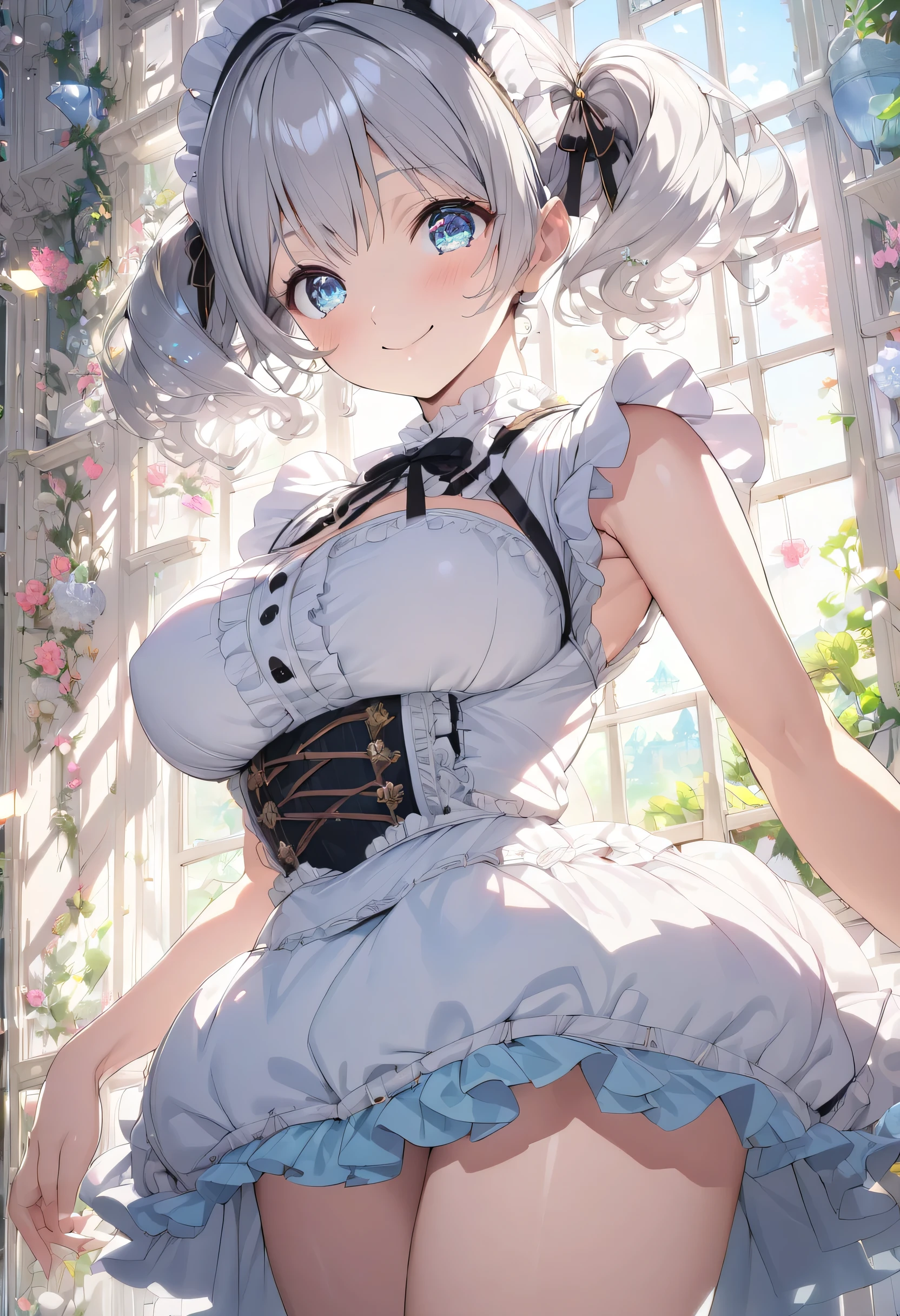 ((moe anime character)),  ((nsfw)),  ((exposed breasts)), ((ultra-detailed)), (highly detailed CG illustration), (best quality:1.2),  ultra-,highly detailed,colorful composition,artistic photoshoot, 1girl, solo focus, ((thigh to top:1.4)), ((cowboy shot:1.4)), cute maid girl, dainty facial structure, small baby face, rounded chin, ((wearing oval glasses with a lightweight metal frame)), anime 'spirit chronicles' seria Claire, wearing a frilly maid outfit,  (silver hair color:1.3), twintail hair, ((blue droopy eyes:1.4)),  pink cheek,  blush,  pale pink lips,((curvy upper arm:1.4)),  ((thighs:1.2)),  revealing breastless clothes french maid uniform and maid headdress,   Look at the viewer as if you were looking at someone you love,  standing by the window in a room decorated in rococo style, Portrait,depth of field, soft lighting, sidelighting, (shine), lighting, ray tracing, (smile), perfect face, lustrous skin,  highly detailed face, highly detailed eyes, perfect face, perfect nose, perfect hair, perfect eyes, beautiful hair, beautiful small face, extremely detailed face, beautiful detailed eyes, beautiful clavicle, beautiful body, beautiful huge breasts, leavage, breasts squeezed together, equalize the size of the left and right breasts, small pale pink nipples,  beautiful thighs,  beautiful legs, beautiful fingers, lovely, (very detailed background:1.0),(highly detailed background:1.0),spring aesthetic, intricate details, joyful atmosphere, spring colors palette, chromatic aberration