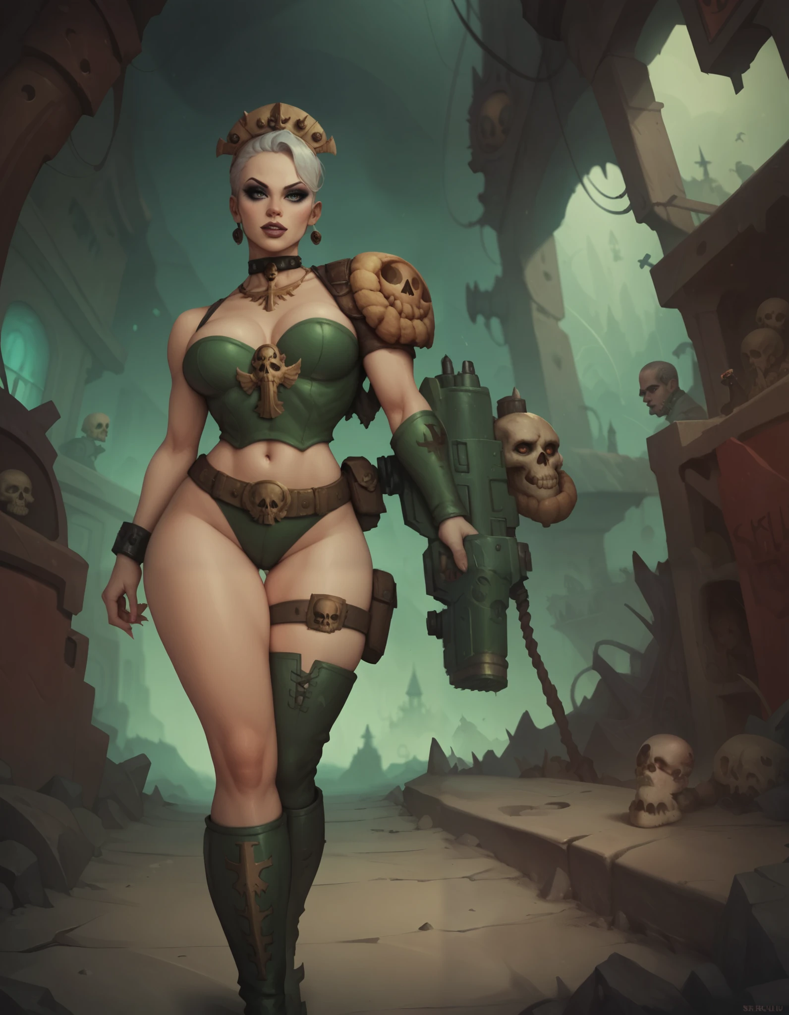 warhammer 40k, hive city, busy street, servo-skull. human woman, makeup, wide belt, (thigh high pumped stripper stiletto boots), walking