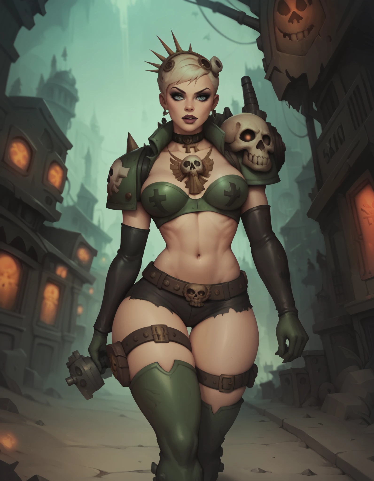 warhammer 40k, hive city, busy street, servo-skull. human woman, makeup, wide belt, (thigh high pumped stripper stiletto boots), walking