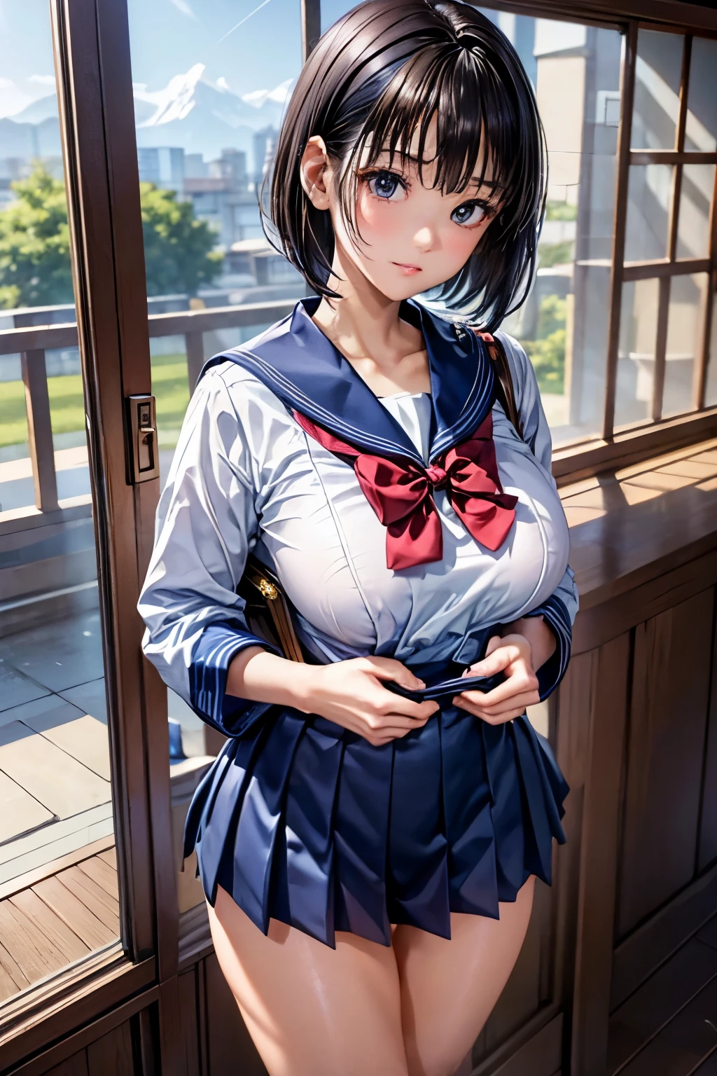 (masterpiece:1.2, highest quality), (realistic, photorealistic:1.4), beautiful illustrations, (natural side lighting, movie lighting), beautiful thighs, Front view, 1 girl, high school girl, 15 years old, perfect face, Cute symmetrical face, shiny skin, ランダムなカラーのsailor suit、
(ponytail、blonde), Big eyes, long eyelashes chest), thin, expensive、
beautiful hair, beautiful face, fine and beautiful eyes, beautiful clavicle, beautiful body, beautiful breasts, beautiful thighs, beautiful feet, beautiful fingers, 
((High-quality fabric, sailor suit, navy pleated skirt)), 
(beautiful scenery),Are standing, (smile, Superior, open your mouth),  (((skirt lift, panties are visible)))