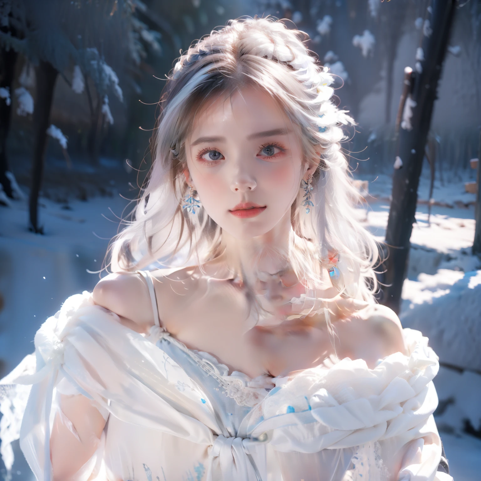 1girll,(Snow,Ice), snowflower, In winter, White hair, Shiny hair, Wavy hair, Transparent clothes, frilld, Lace, Wet clothes, Off_Shoulder, hair scrunchie,Masterpiece, Telephoto lens, absurderes, Exquisite facial features