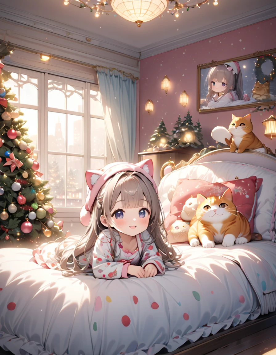 (masterpiece), (ultra-detailed, best quality, clear focus, dramatic scene, cinematic), shadow, (ultra-high resolution, 8k), perfect anatomy, perfect face, (detailed face), (detailed eye), (chibi), cute Japanese chibi girl, famous Japanese chibi idol, very beautiful and cute and cool face, (wearing a cute room wear:1.2), nightcap, (large breasts), (She is lying on the bed with a cute giant fat cat:1.2), stylish table and chair with cute furnishings, at night, window with closed curtain, Christmas decorated cute room, she is showing smile, dynamic angle, (a very cute giant fat cat is mewing with her:1), professional lighting, (many detailed cute cat:1.2), (The gorgeously decorated Christmas tree with illumination by the bed:1.2), they looks so happy, (Christmas lights:1.2)