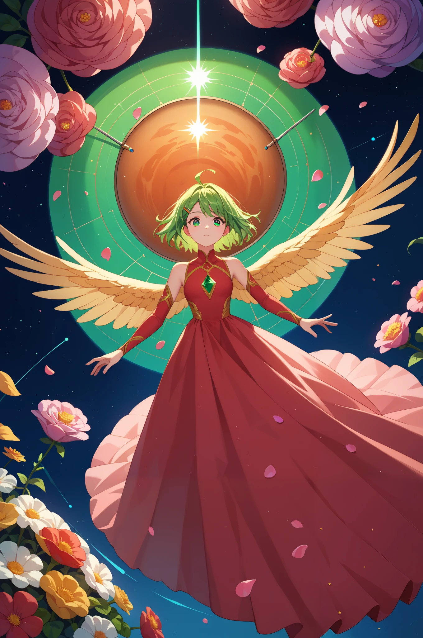 Early morning, Clip art of mysterious Girl, high angle, Between Space and Earth, The girl's head is decorated with many flowers, unravel, Universe, Necessary, Petals flying around, Illustration with a slightly scientific feel, Looking down on the Nazca Lines from a high vantage point, Higher, Emerald green eyes, Dressed in ethnic dress, the girl has a well-balanced body, sparkling eyes, brightly, SHARE