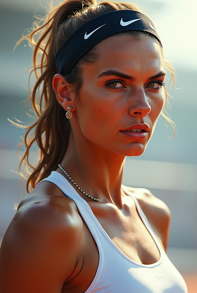 RAW, real photo portrait, elizabethHurl1, on a boat, (wearing a wet black t-shirt), pretty face, insanely detailed eyes, light blonde hair, high ponytail, bokeh, natural light, depth of field, golden hour, sharp focus