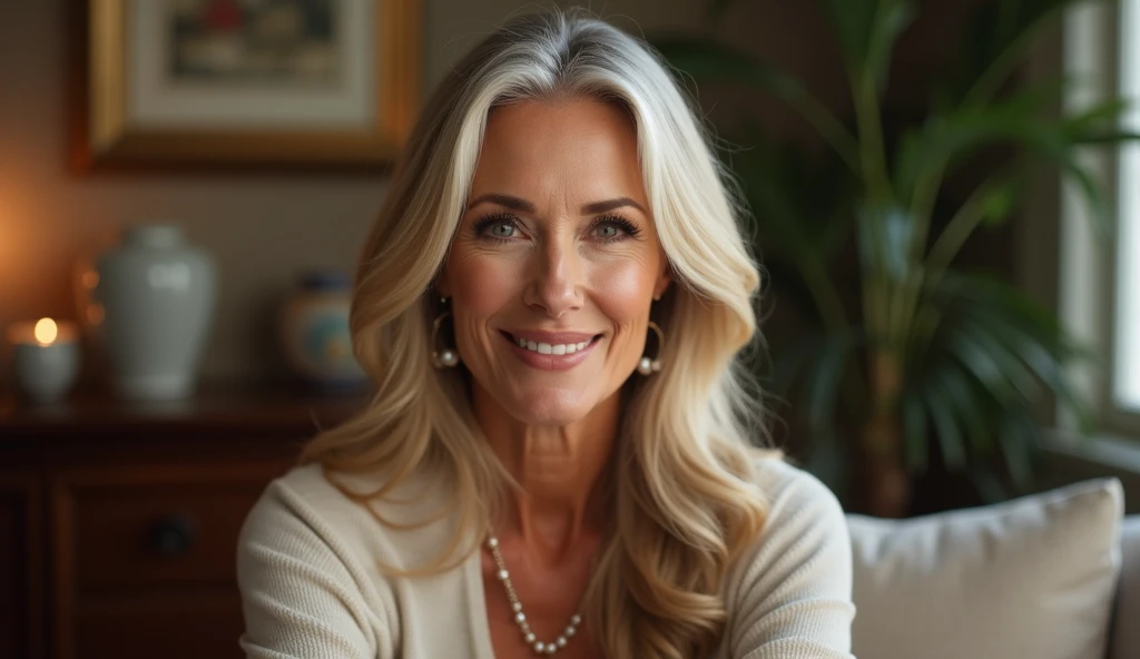 A smartly dressed woman in natural light、A close-up of her chest and calm expression.、It shows her inner peace and outer charm.。Beautiful mature woman with beautiful wavy long hair, Ultra-high resolution,(Realistic:1.4), ((Highest quality)), ((masterpiece)), (be familiar with),