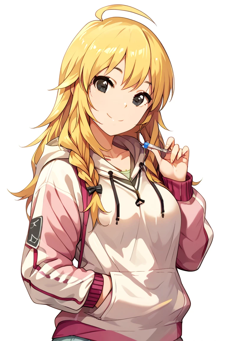 1girl, solo, 
hoshii miki, long hair, 
white background, simple background, braids hair, 
hoodie, short short,
(masterpiece、Highest quality、Very detailed)), One girl, Breasts, smile, looking viewer, cowboy shot,