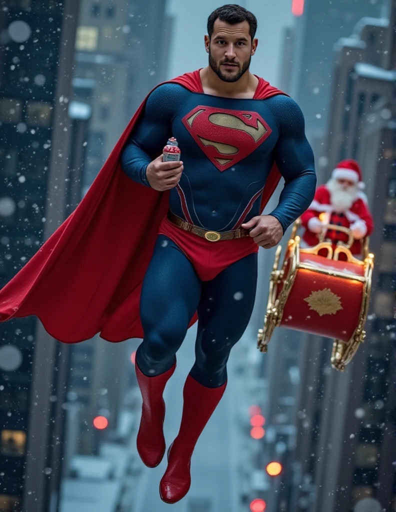 superman flying next to santa claus sleigh over snowing new york city at night. a buff man in a superman costume (think movie version of Superman-black undercut, blue tights and red cape and red boots and red briefs) holds a small