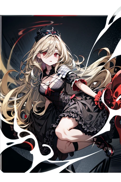  red eyes,  black ruffle dress,  black border on dress , black gloves and shoes ,  big black ribbon on head,  wave hair,  grayish blonde hair color 、