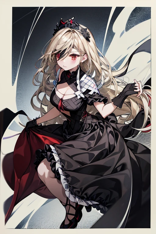  red eyes,  black ruffle dress,  black border on dress , black gloves and shoes ,  big black ribbon on head,  wave hair,  grayish blonde hair color 、