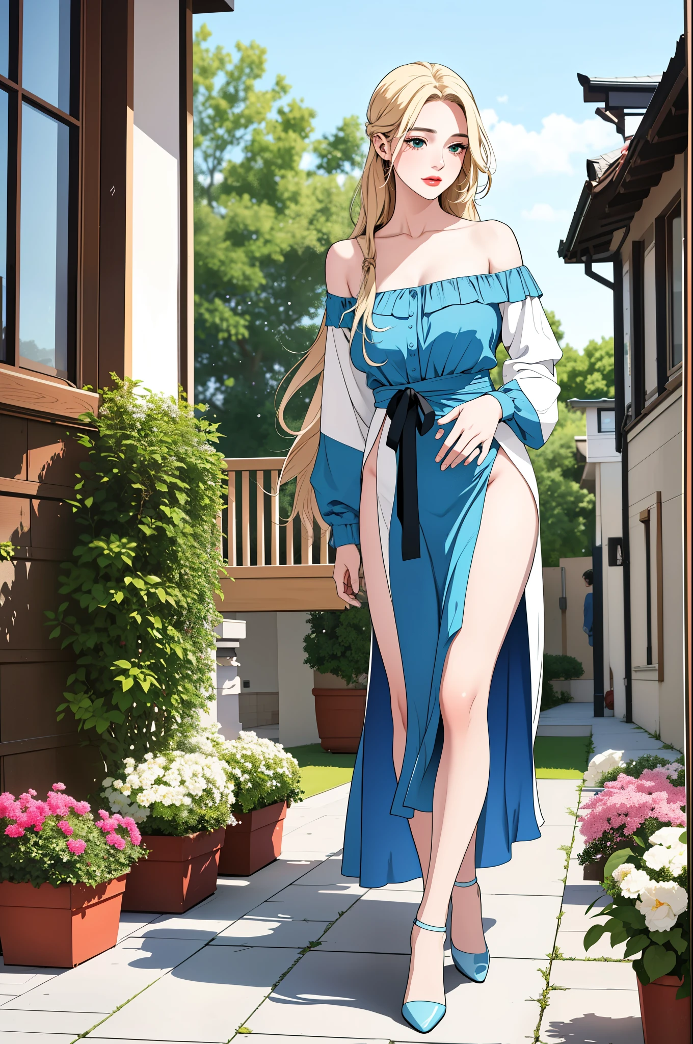 An extremely gorgeous stunning beautiful feminine mother with long blonde hair tied with a white ribbon, extremely fair white skin, big green-blue hazel eyes, plump red glossy lips, a plain simple smile, a plain thin slim normal body, tender arms, wearing a simple long floor-length modest sky blue floral dress and a cardigan worn in an off-shoulder style hanging on her elbows, flat heels, standing straight, garden in the background, show full drawing from head to feet.