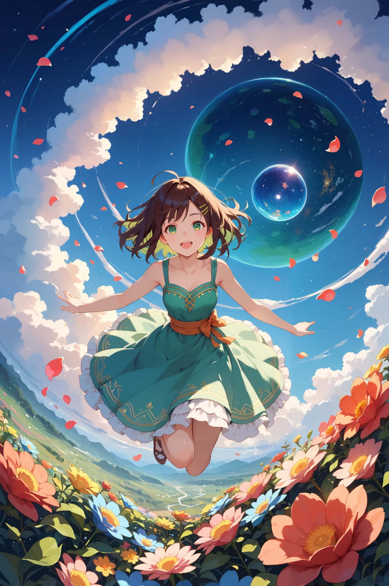 Early morning, Clip art of mysterious Girl, high angle, Between Space and Earth, The girl's head is decorated with many flowers, unravel, Universe, Necessary, Petals flying around, Illustration with a slightly scientific feel, Looking down on the Nazca Lines from a high vantage point, Higher, Emerald green eyes, Dressed in ethnic dress, the girl has a well-balanced body, sparkling eyes, brightly, SHARE