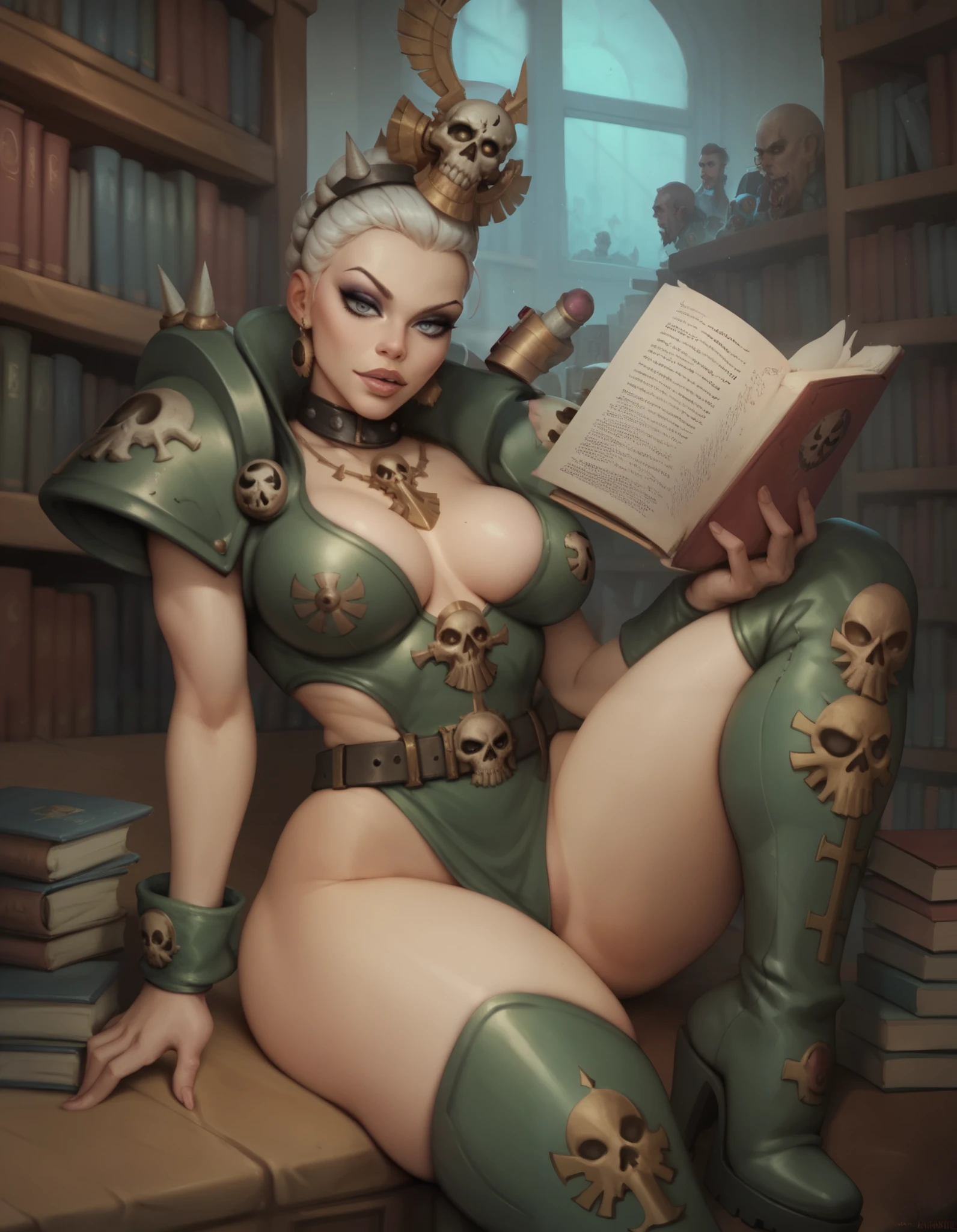 warhammer 40k, library, servo-skull, human woman, makeup, wide belt, (thigh high pumped stripper stiletto boots), reading