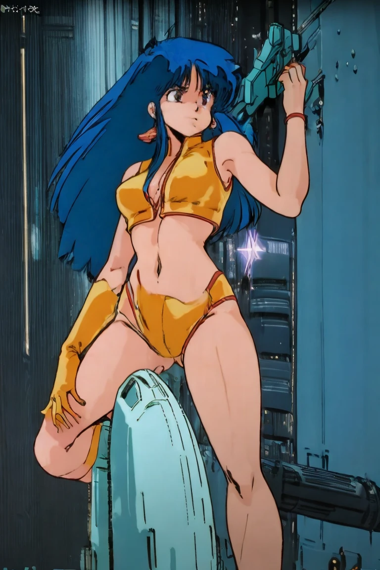 Yuri from Dirty Pair, ,Completely naked, Skimpy,  medium bust , ( long hair),  dark blue hair , Beauty,  cyberpunk city background ,  hold retro space gun,  clevis on a stone,  surimi waist ,  thin thighs ,,  showing belly