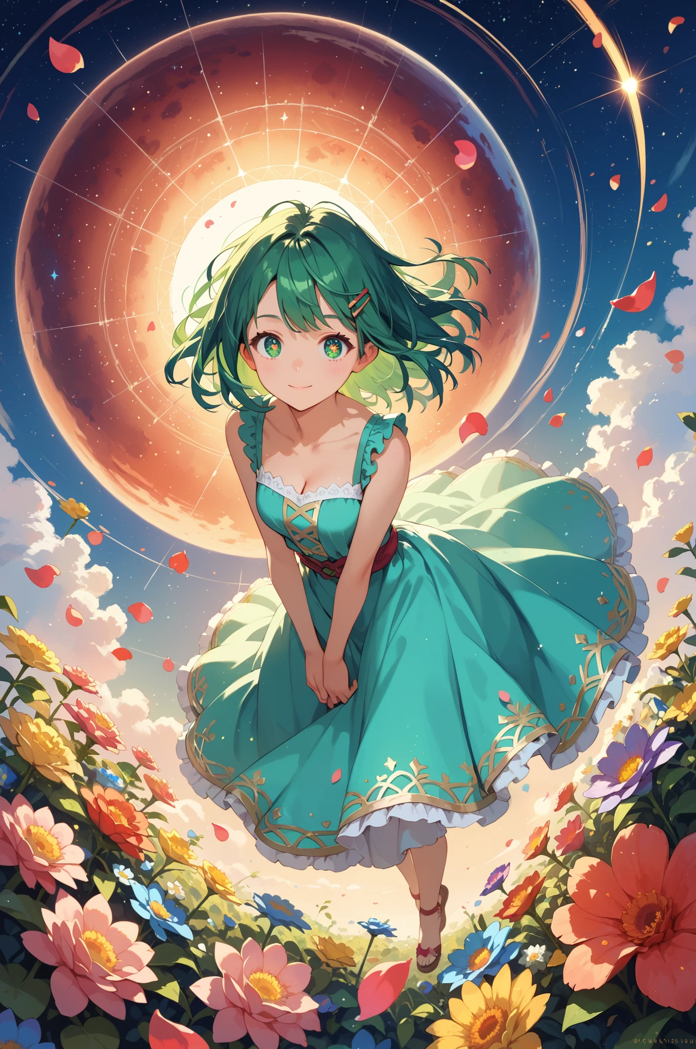 Early morning, Clip art of mysterious Girl, high angle, Between Space and Earth, The girl's head is decorated with many flowers, unravel, Universe, Necessary, Petals flying around, Illustration with a slightly scientific feel, Looking down on the Nazca Lines from a high vantage point, Higher, Emerald green eyes, Dressed in ethnic dress, the girl has a well-balanced body, sparkling eyes, brightly, SHARE