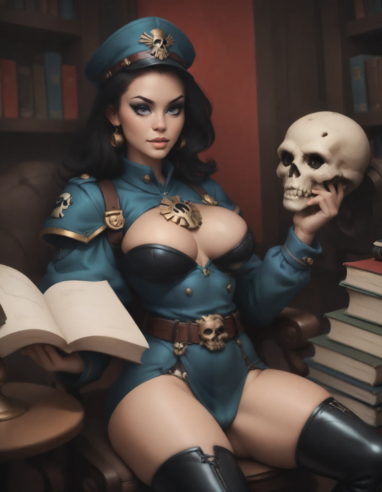 warhammer 40k, library, servo-skull, human woman, makeup, wide belt, (thigh high pumped stripper stiletto boots), reading