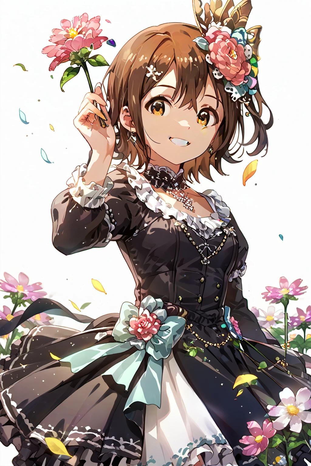 1girl, solo,
kasuga mirai, brown hair, brown eyes, short hair, 1girl, flower, solo, hair ornament,
black dress, jirai fashion, white background, simple background,
(masterpiece、Highest quality、Very detailed)), One girl, open mouth, smile, looking viewer,