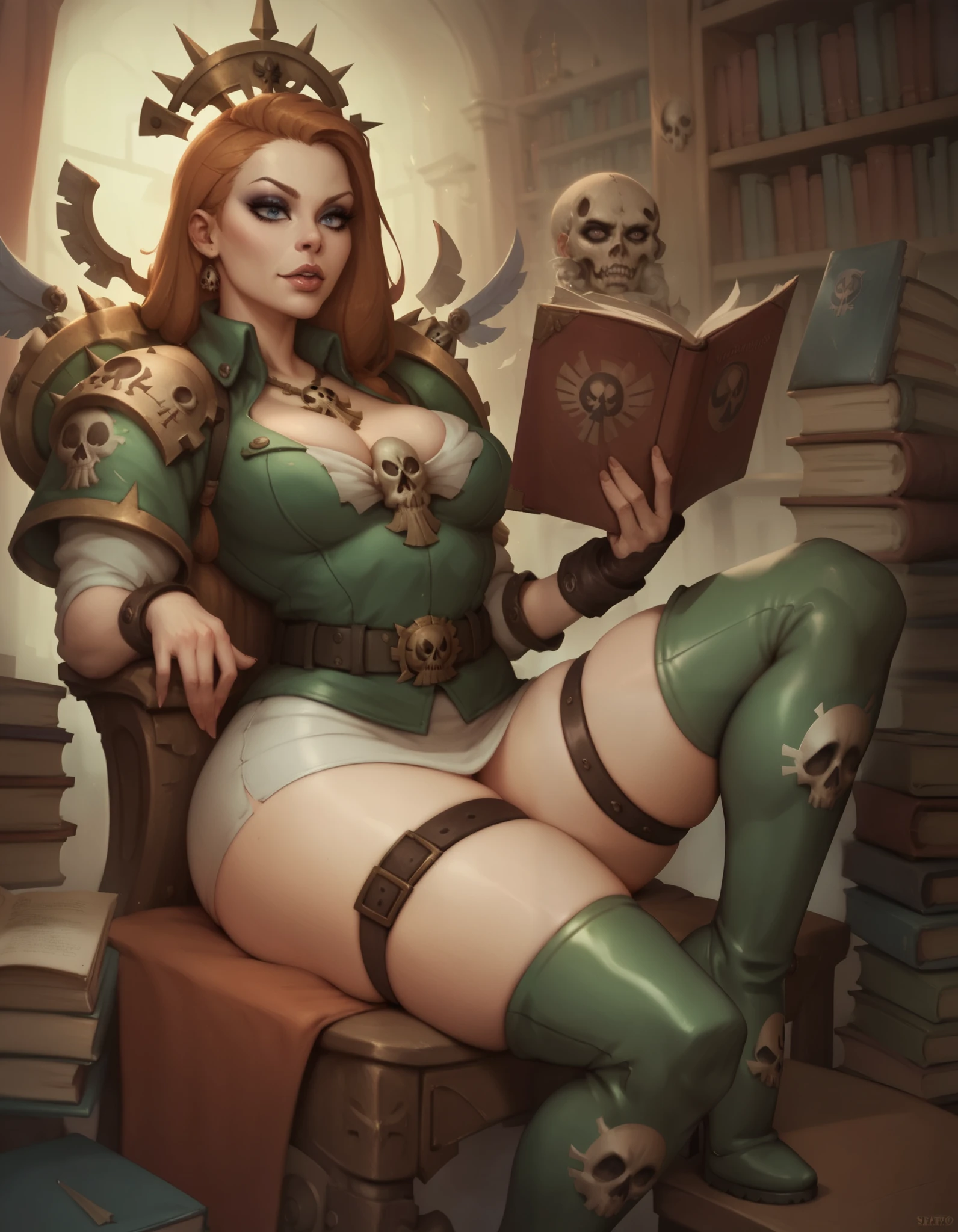 warhammer 40k, library, servo-skull, human woman, makeup, wide belt, (thigh high pumped stripper stiletto boots), reading