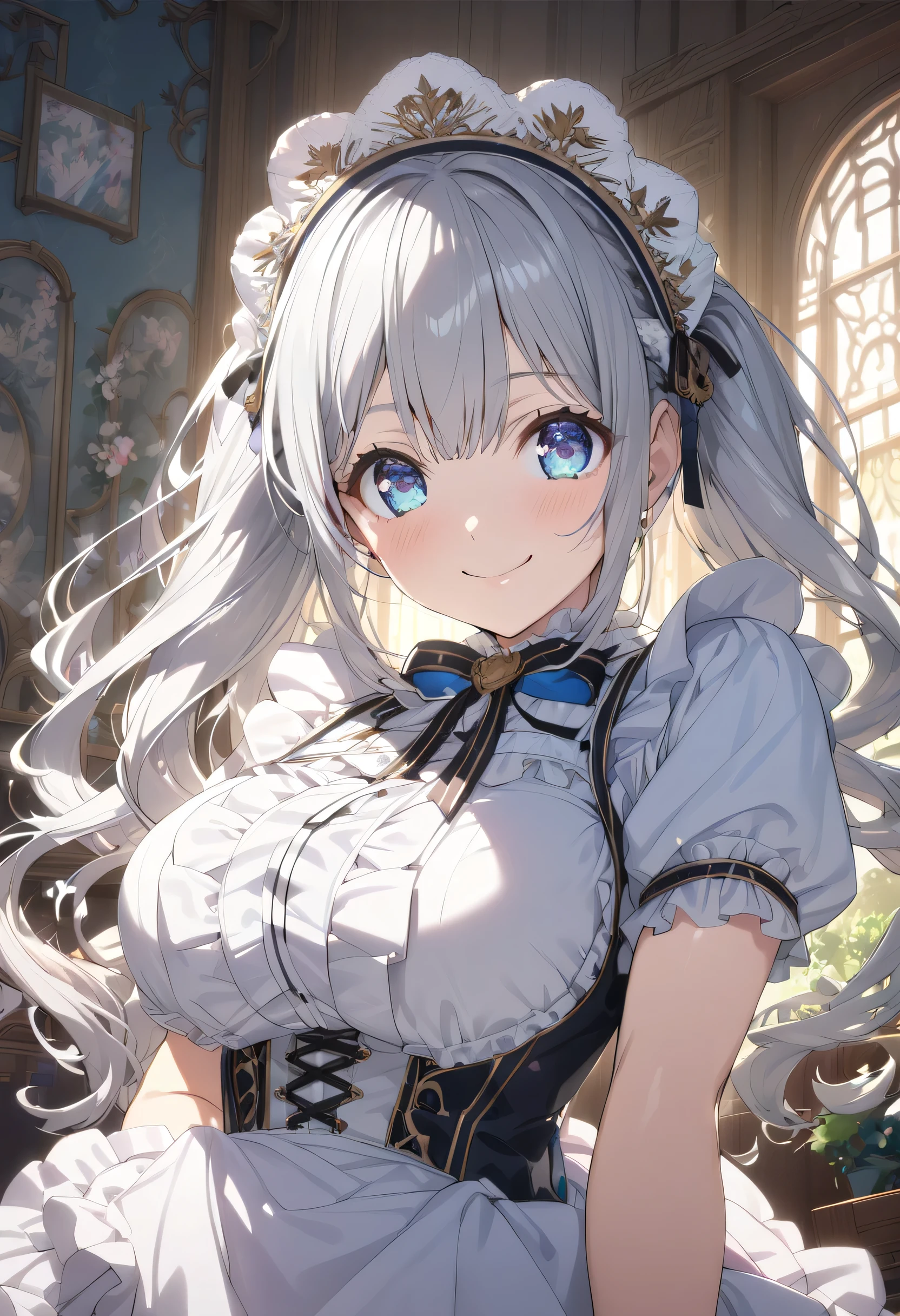 ((moe anime character)),  ((nsfw)),  ((exposed breasts)), ((ultra-detailed)), (highly detailed CG illustration), (best quality:1.2),  ultra-,highly detailed,colorful composition,artistic photoshoot, 1girl, solo focus, ((thigh to top:1.4)), ((cowboy shot:1.4)), cute maid girl, dainty facial structure, small baby face, rounded chin, ((wearing oval glasses with a lightweight metal frame)), anime 'spirit chronicles' seria Claire, wearing a frilly maid outfit,  (silver hair color:1.3), twintail hair, ((blue droopy eyes:1.4)),  pink cheek,  blush,  pale pink lips,((curvy upper arm:1.4)),  ((thighs:1.2)),  revealing breastless clothes french maid uniform and maid headdress,   Look at the viewer as if you were looking at someone you love,  standing by the window in a room decorated in rococo style, Portrait,depth of field, soft lighting, sidelighting, (shine), lighting, ray tracing, (smile), perfect face, lustrous skin,  highly detailed face, highly detailed eyes, perfect face, perfect nose, perfect hair, perfect eyes, beautiful hair, beautiful small face, extremely detailed face, beautiful detailed eyes, beautiful clavicle, beautiful body, beautiful huge breasts, leavage, breasts squeezed together, equalize the size of the left and right breasts, small pale pink nipples,  beautiful thighs,  beautiful legs, beautiful fingers, lovely, (very detailed background:1.0),(highly detailed background:1.0),spring aesthetic, intricate details, joyful atmosphere, spring colors palette, chromatic aberration